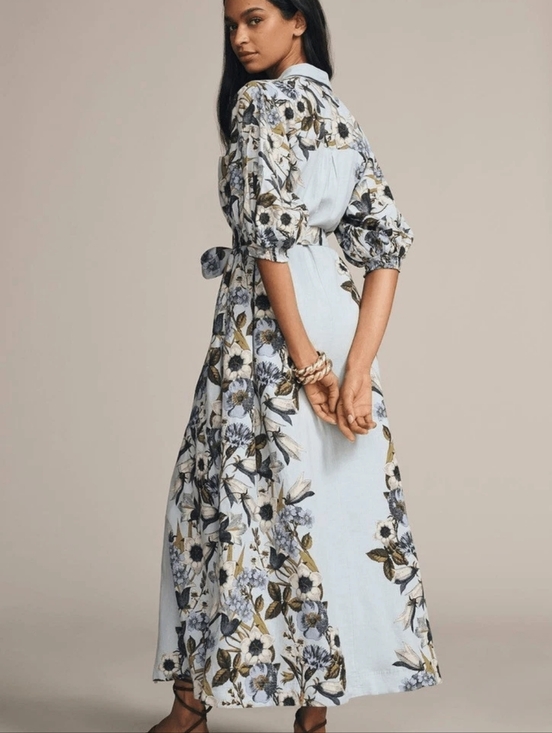 Anthropologie Dresses & Skirts - Anthropologie Light Blue Floral Maxi Dress with Tie Waist